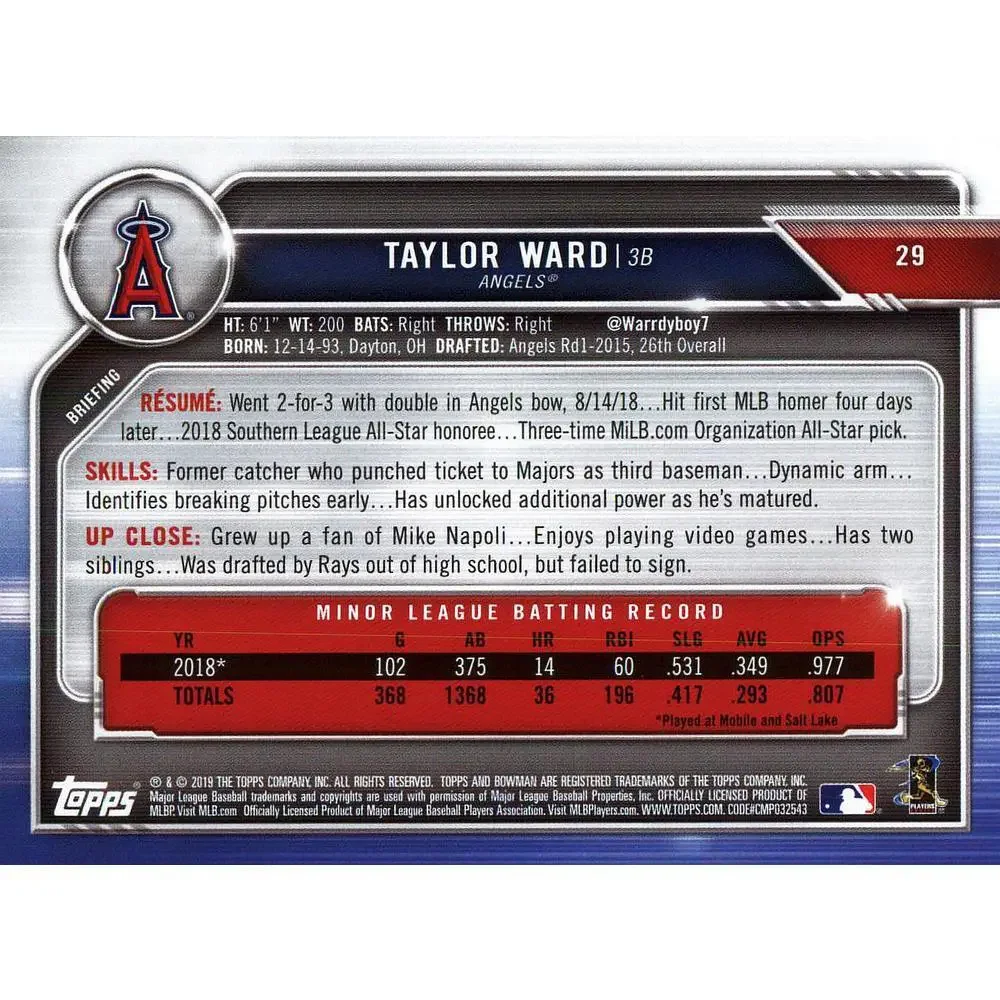 2019 Bowman Taylor Ward RC #29 Angels